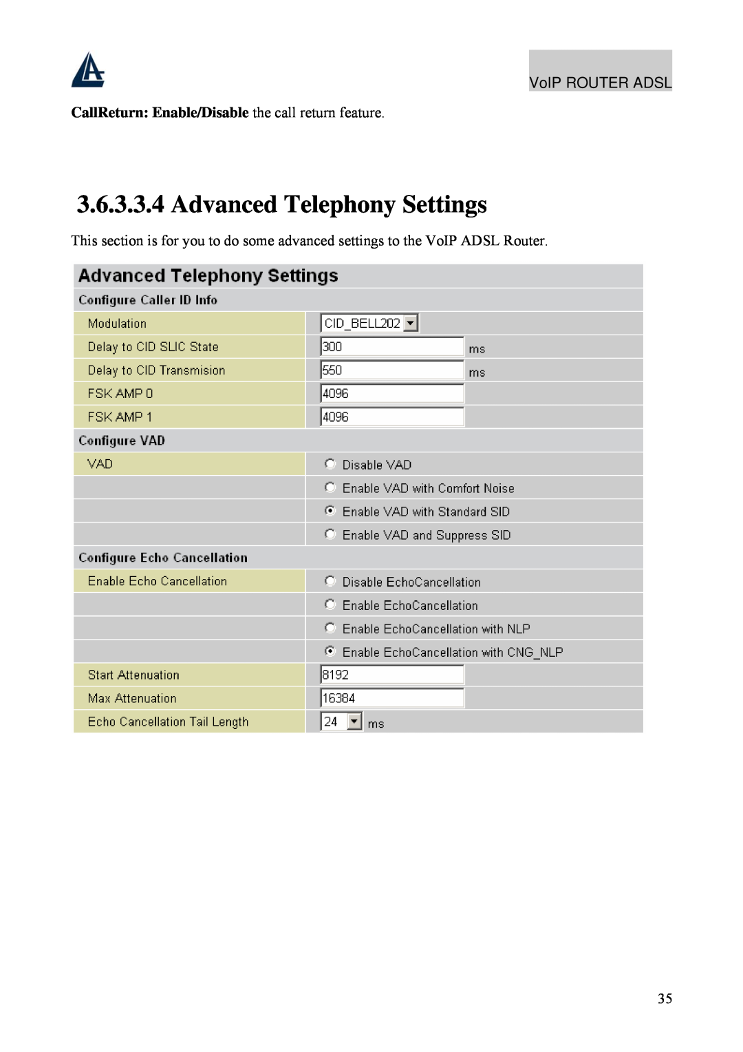 Atlantis Land A02-RAV211 Advanced Telephony Settings, CallReturn Enable/Disable the call return feature, VoIP ROUTER ADSL 