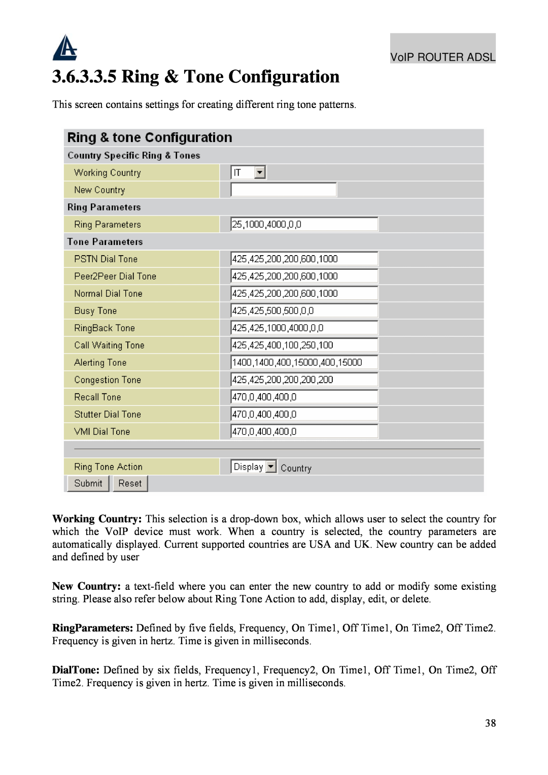 Atlantis Land A02-RAV211 manual Ring & Tone Configuration 