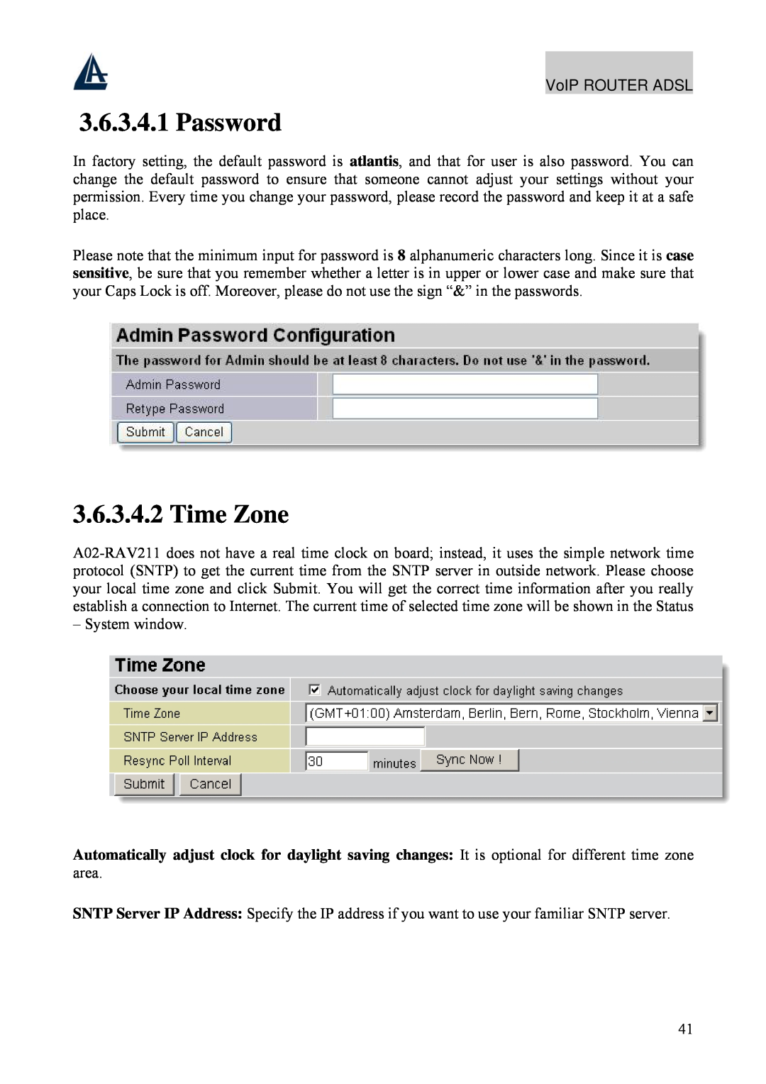 Atlantis Land A02-RAV211 manual Password, Time Zone 
