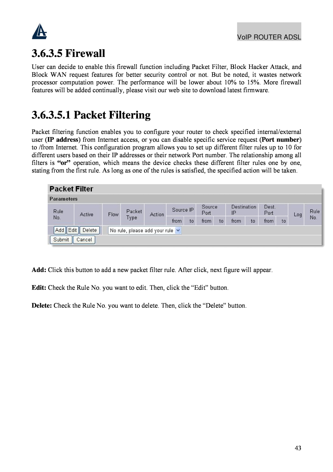 Atlantis Land A02-RAV211 manual Firewall, Packet Filtering 