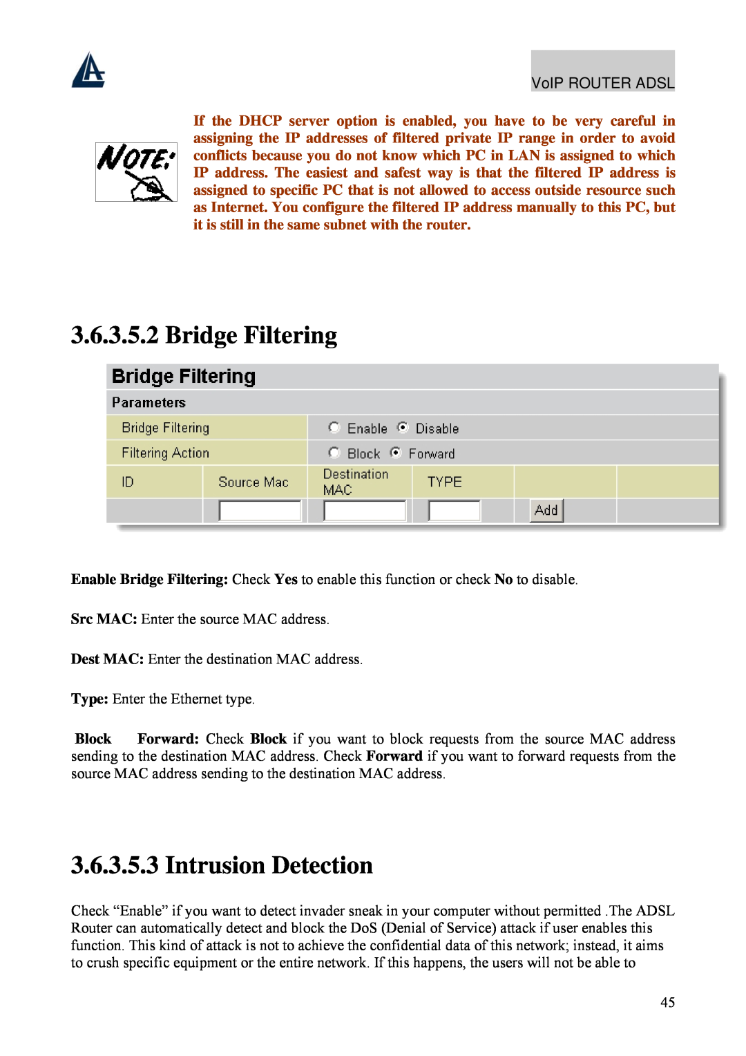 Atlantis Land A02-RAV211 manual Bridge Filtering, Intrusion Detection 