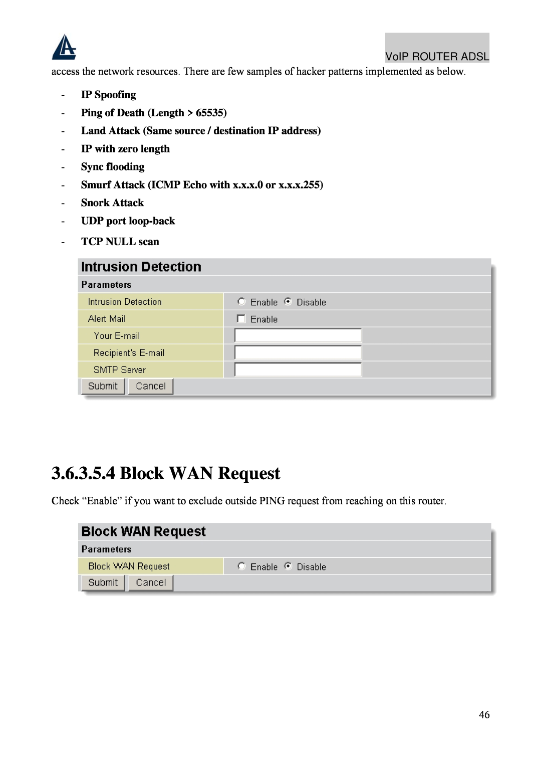 Atlantis Land A02-RAV211 manual Block WAN Request, IP Spoofing Ping of Death Length, UDP port loop-back TCP NULL scan 