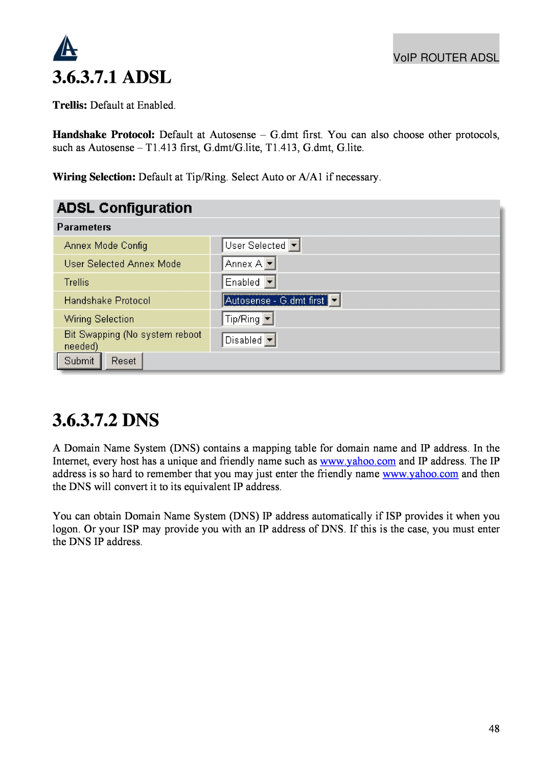 Atlantis Land A02-RAV211 manual Adsl, 3.6.3.7.2 DNS 