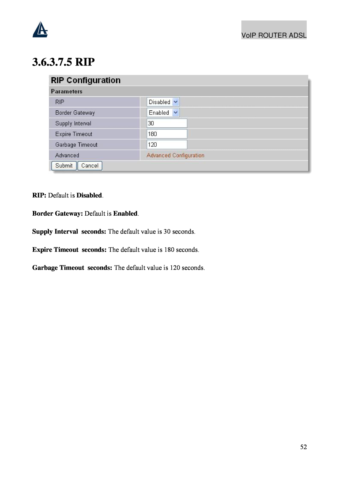 Atlantis Land A02-RAV211 manual 3.6.3.7.5 RIP, RIP Default is Disabled Border Gateway Default is Enabled, VoIP ROUTER ADSL 