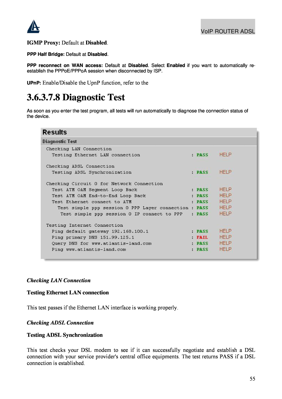 Atlantis Land A02-RAV211 manual Diagnostic Test, IGMP Proxy Default at Disabled, Checking LAN Connection 