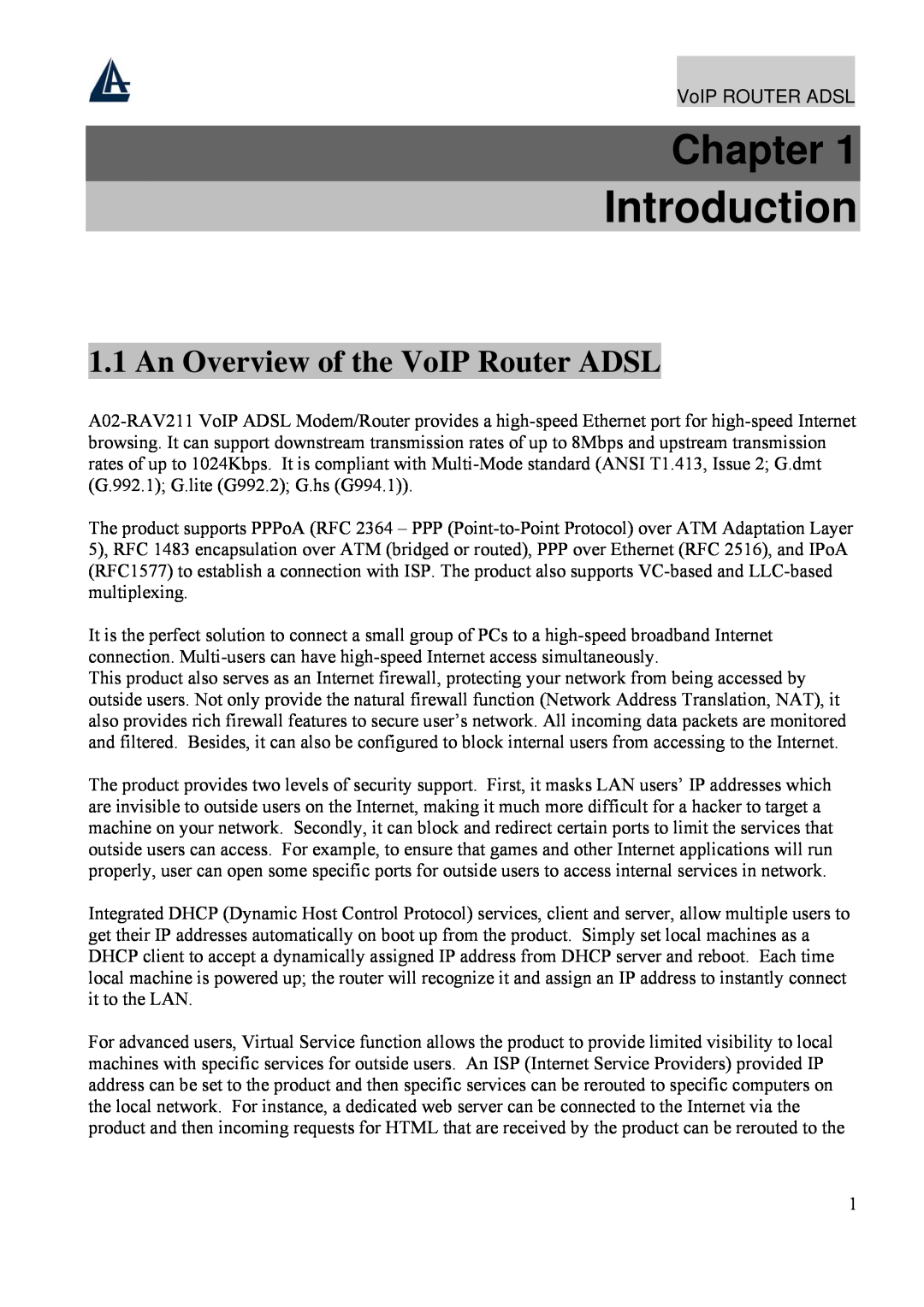 Atlantis Land A02-RAV211 manual Introduction, Chapter, An Overview of the VoIP Router ADSL 