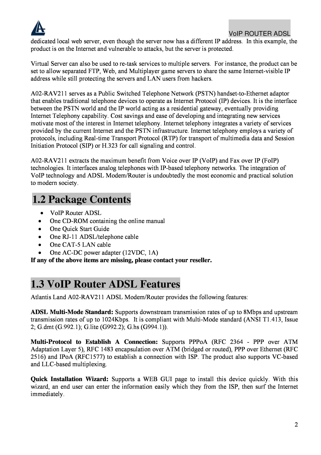 Atlantis Land A02-RAV211 manual Package Contents, VoIP Router ADSL Features 