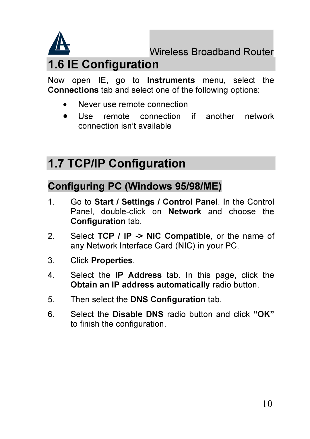 Atlantis Land A02-RB-W54_GE01 quick start IE Configuration, TCP/IP Configuration, Configuring PC Windows 95/98/ME 