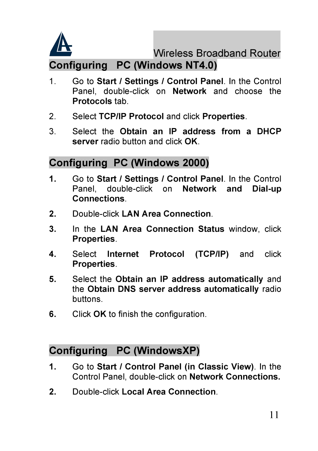 Atlantis Land A02-RB-W54_GE01 quick start Configuring PC Windows NT4.0, Configuring PC WindowsXP 