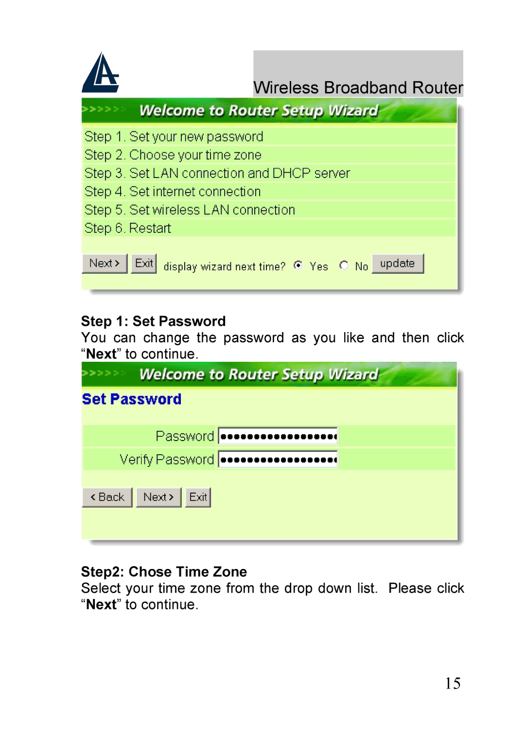 Atlantis Land A02-RB-W54_GE01 quick start Set Password, Chose Time Zone 