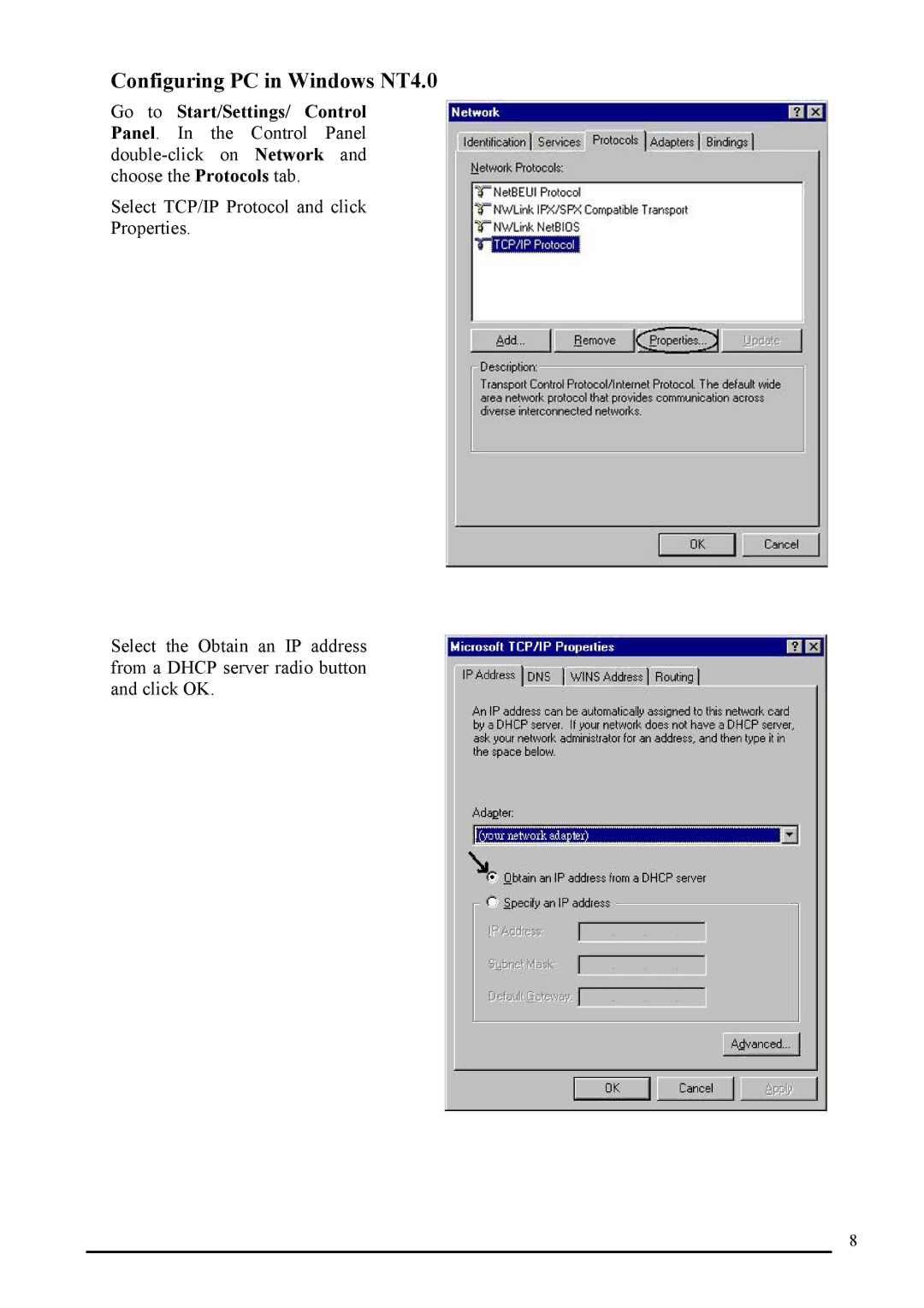 Atlantis Land A02-RI_M02 manual Configuring PC in Windows NT4.0 