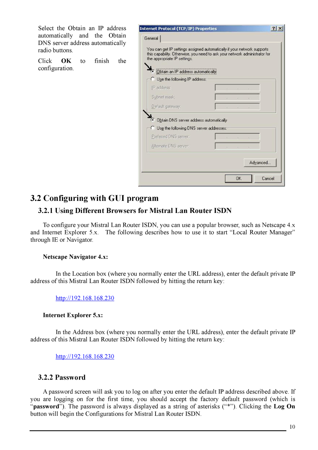 Atlantis Land A02-RI_M02 Configuring with GUI program, Using Different Browsers for Mistral Lan Router Isdn, Password 