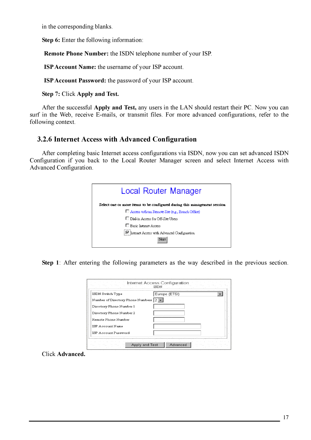 Atlantis Land A02-RI_M02 manual Internet Access with Advanced Configuration, Click Apply and Test, Click Advanced 