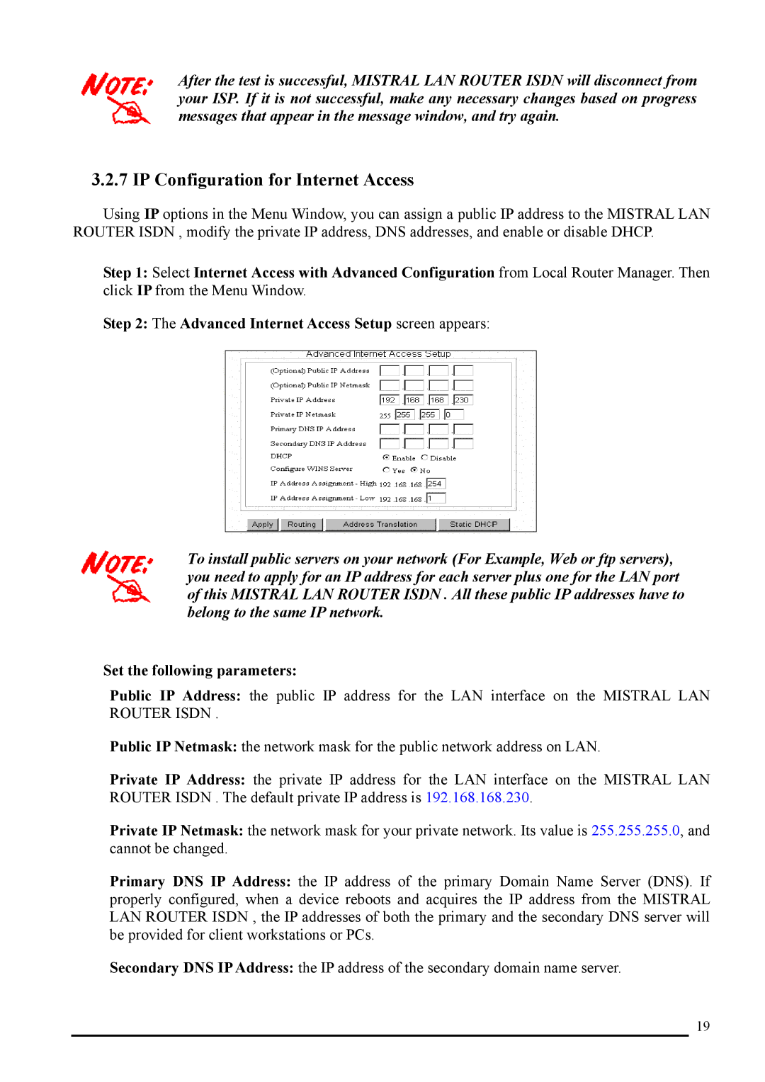 Atlantis Land A02-RI_M02 manual IP Configuration for Internet Access, Set the following parameters 