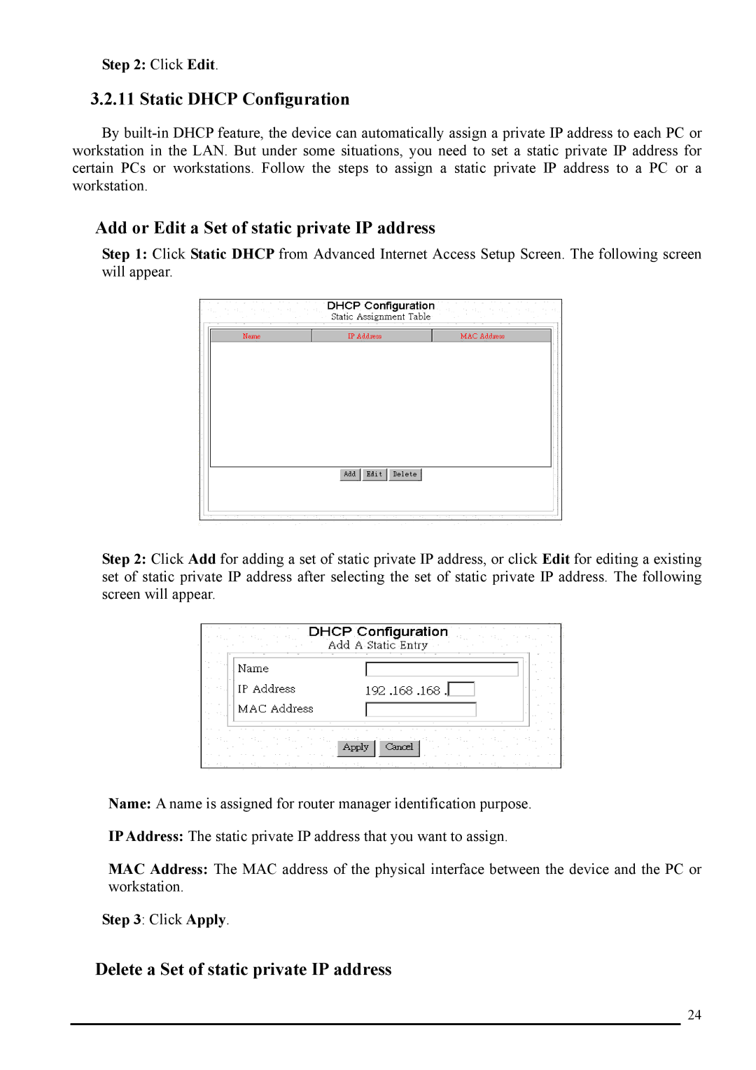 Atlantis Land A02-RI_M02 manual Static Dhcp Configuration, Add or Edit a Set of static private IP address, Click Edit 