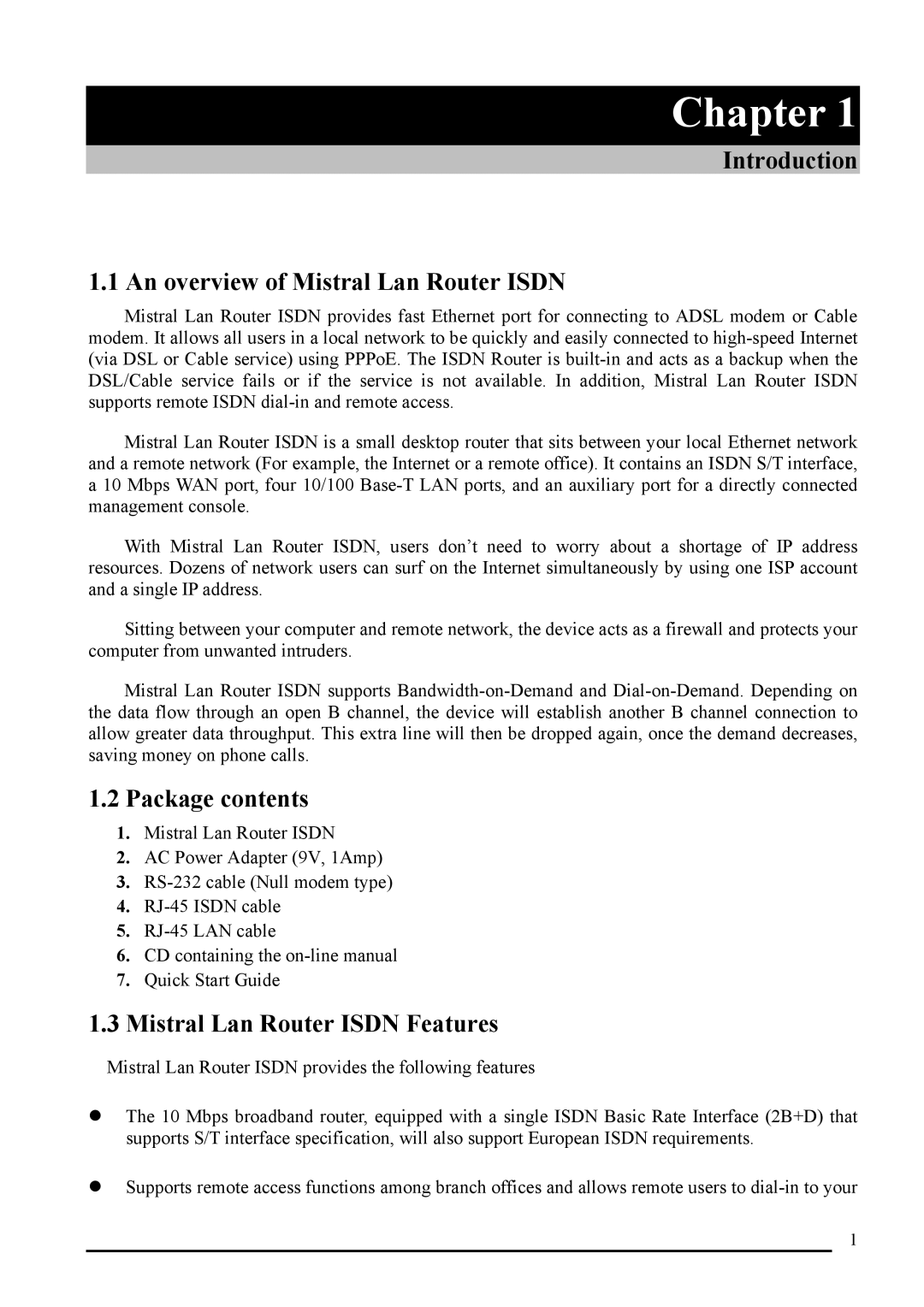 Atlantis Land A02-RI_M02 manual Introduction An overview of Mistral Lan Router Isdn, Package contents 