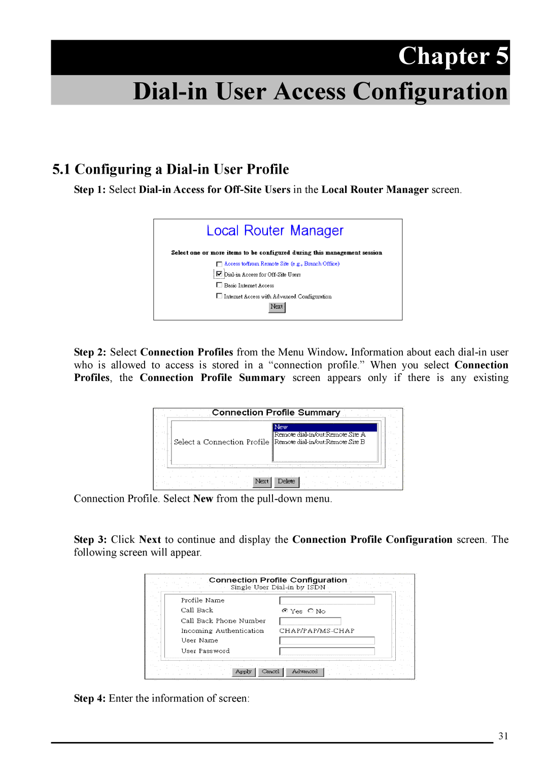 Atlantis Land A02-RI_M02 manual Dial-in User Access Configuration, Configuring a Dial-in User Profile 