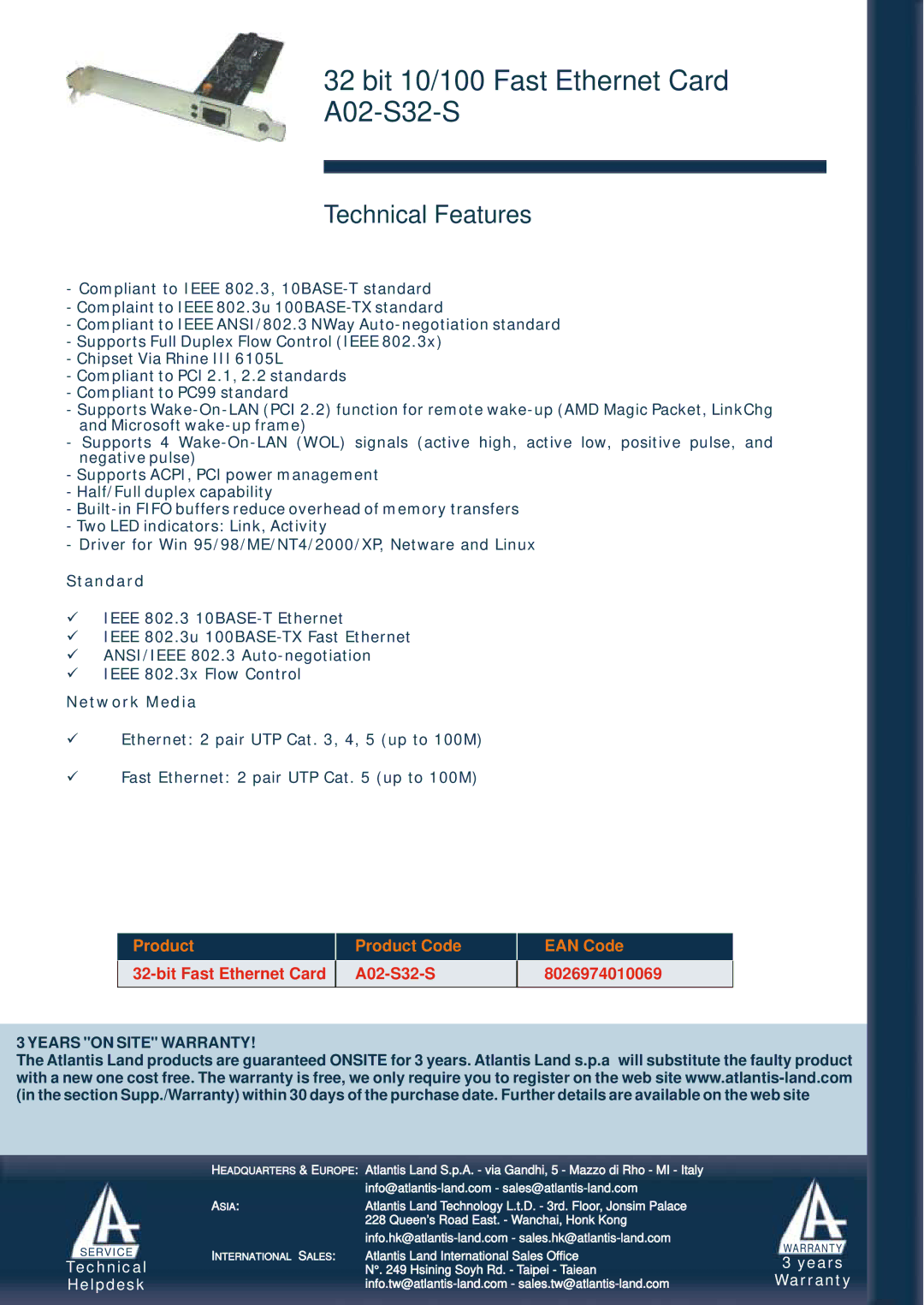 Atlantis Land manual Bit 10/100 Fast Ethernet Card A02-S32-S, Technical Features, Product Product Code EAN Code 