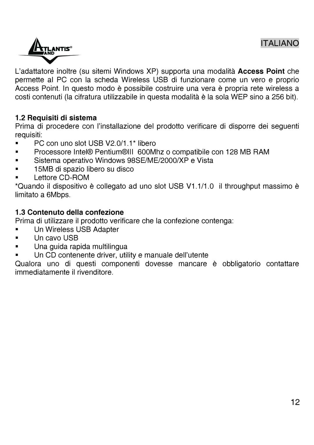 Atlantis Land A02-UP-W54 quick start Requisiti di sistema, Contenuto della confezione 