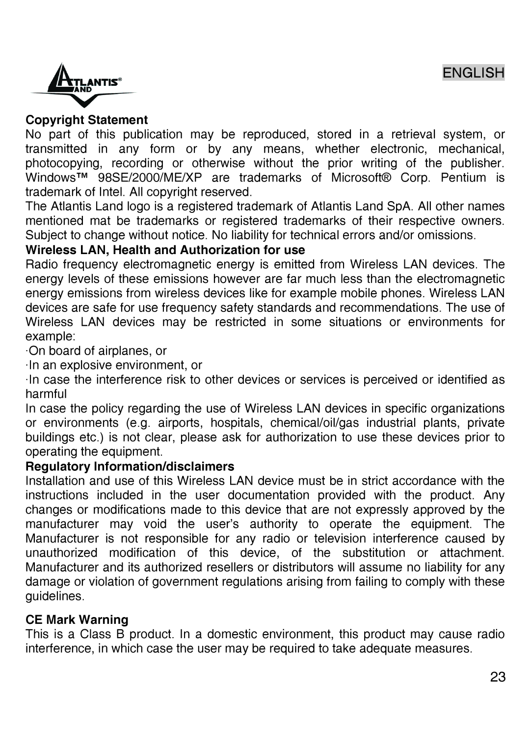 Atlantis Land A02-UP-W54 quick start Copyright Statement, Wireless LAN, Health and Authorization for use 