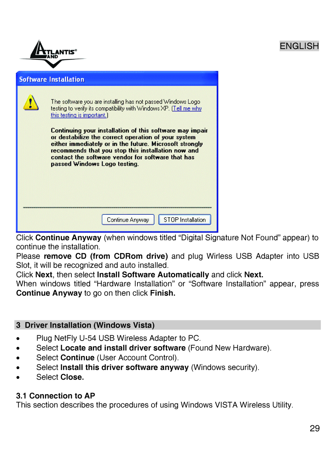 Atlantis Land A02-UP-W54 Driver Installation Windows Vista, Select Install this driver software anyway Windows security 