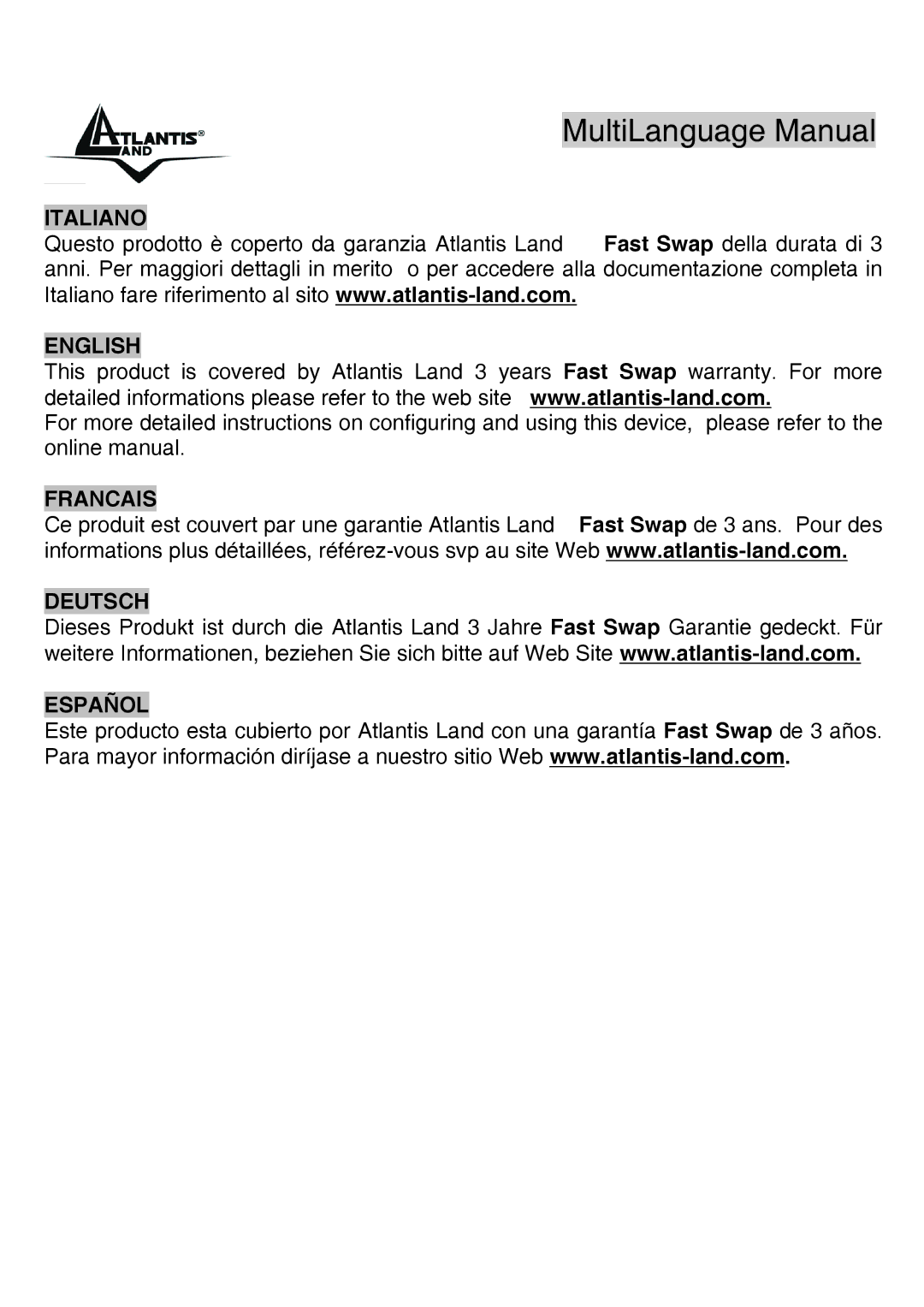 Atlantis Land A02-UP-W54 quick start MultiLanguage Manual 