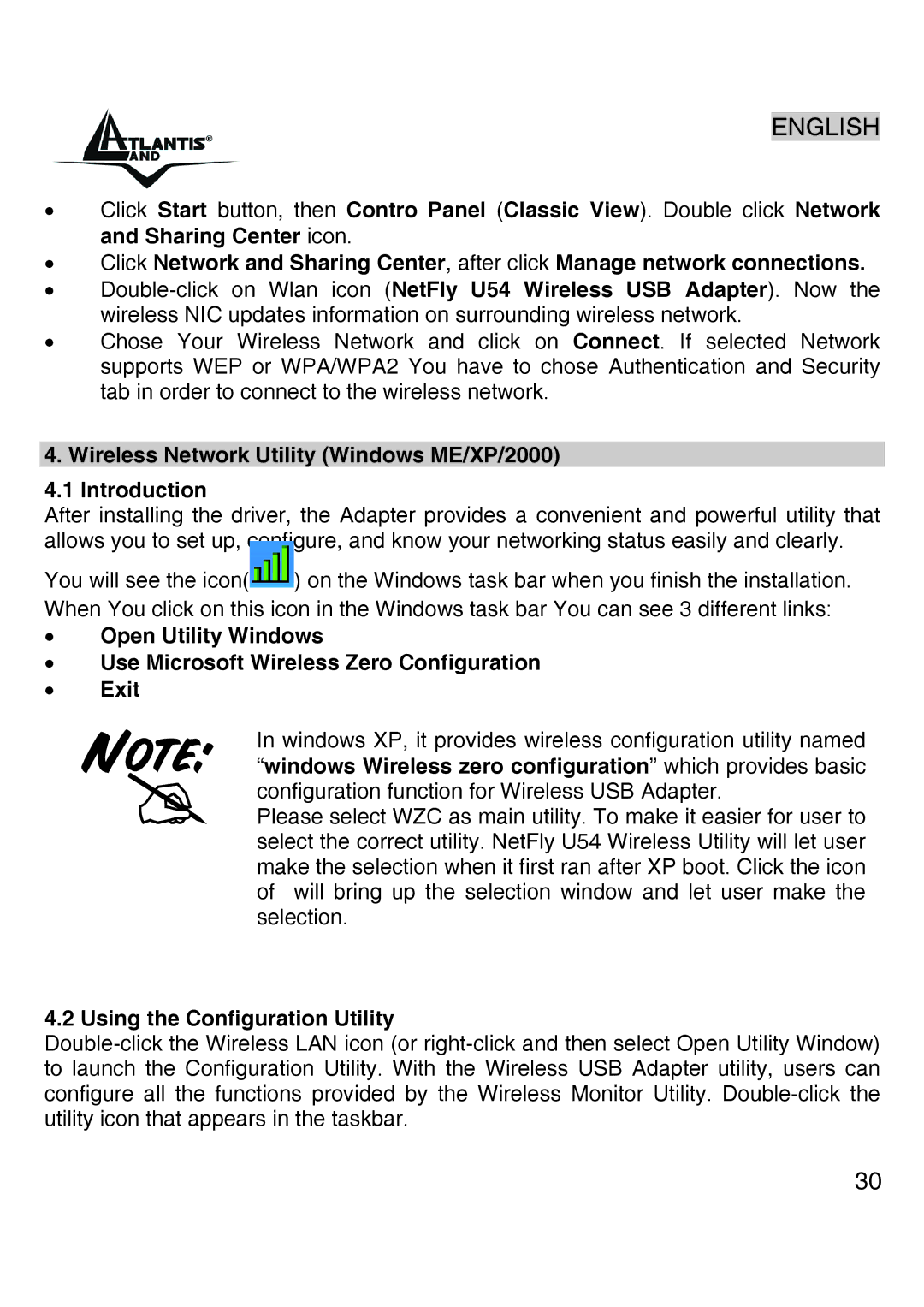 Atlantis Land A02-UP-W54 Wireless Network Utility Windows ME/XP/2000 Introduction, Using the Configuration Utility 