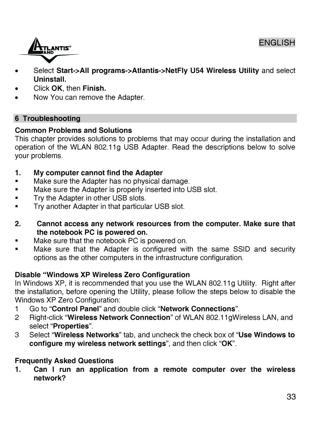 Atlantis Land A02-UP-W54 quick start Troubleshooting Common Problems and Solutions, My computer cannot find the Adapter 