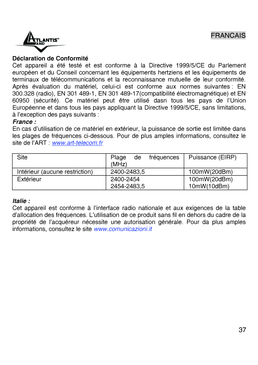 Atlantis Land A02-UP-W54 quick start Déclaration de Conformité, France 