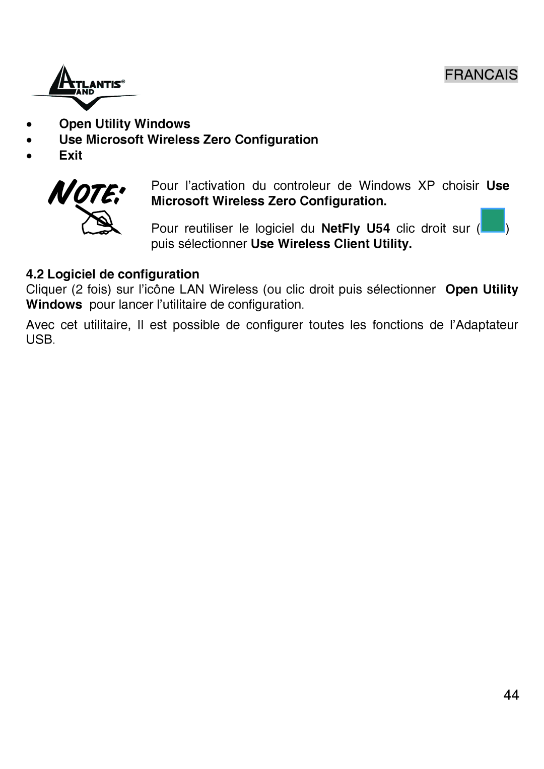 Atlantis Land A02-UP-W54 quick start Microsoft Wireless Zero Configuration 