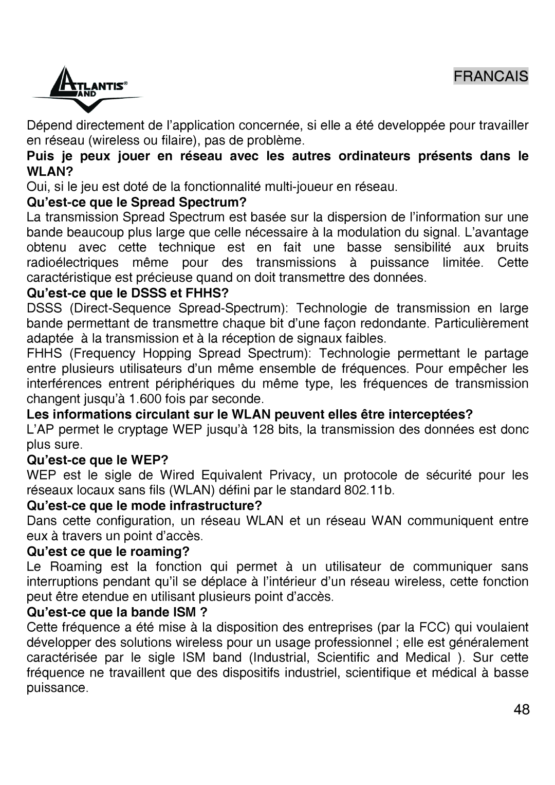 Atlantis Land A02-UP-W54 Qu’est-ce que le Spread Spectrum?, Qu’est-ce que le Dsss et FHHS?, Qu’est-ce que le WEP? 