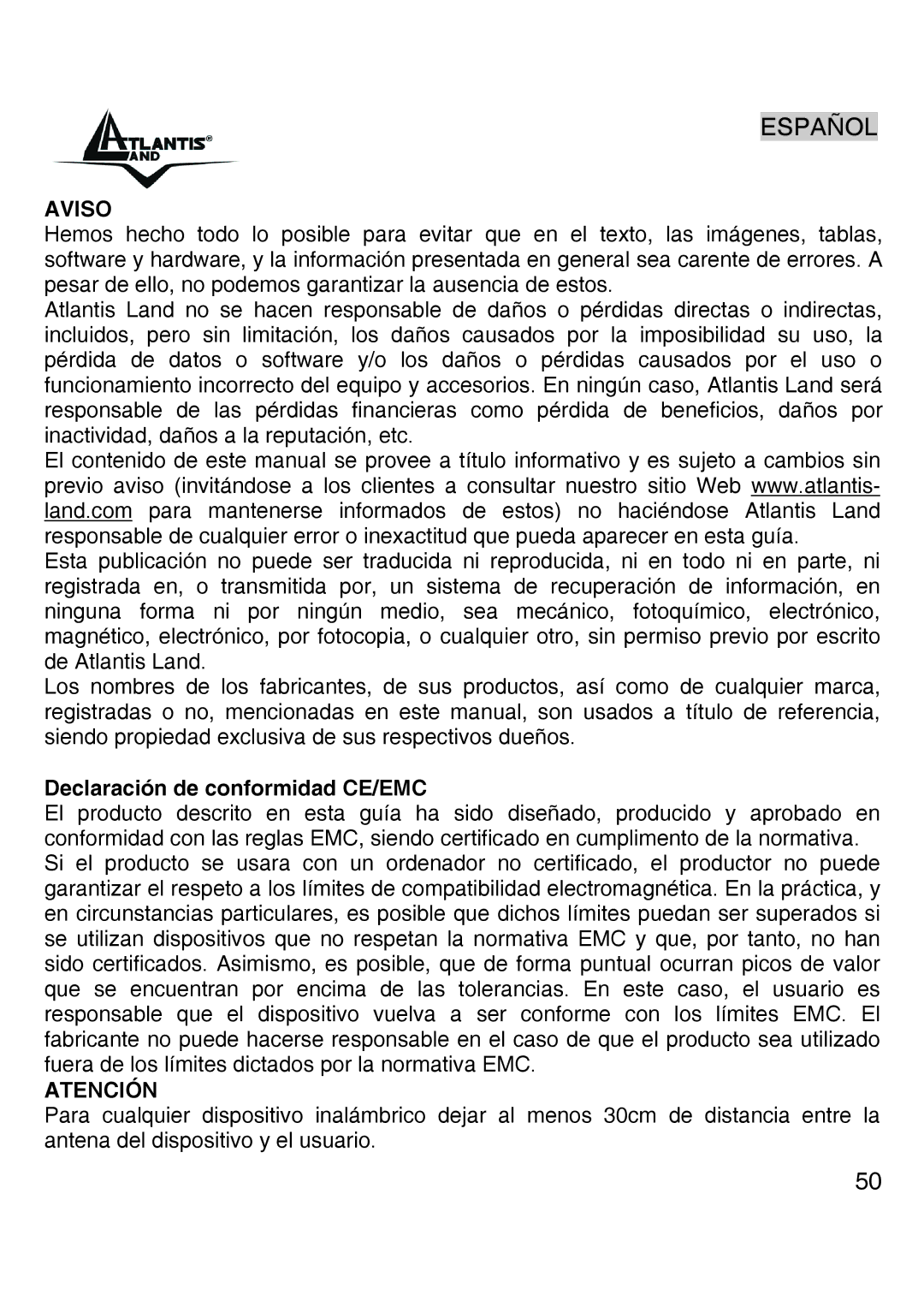 Atlantis Land A02-UP-W54 quick start Español, Declaración de conformidad CE/EMC 