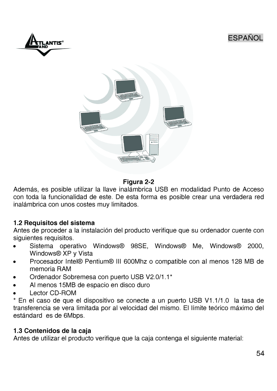 Atlantis Land A02-UP-W54 quick start Requisitos del sistema, Contenidos de la caja 