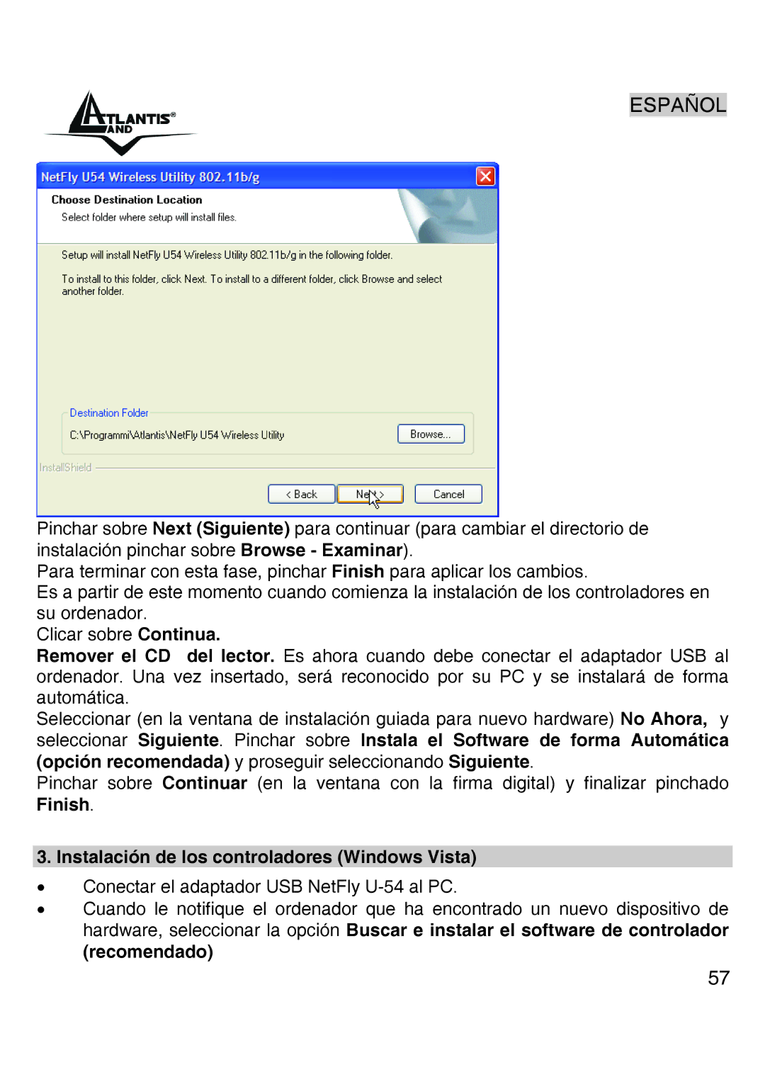 Atlantis Land A02-UP-W54 quick start Instalación de los controladores Windows Vista 