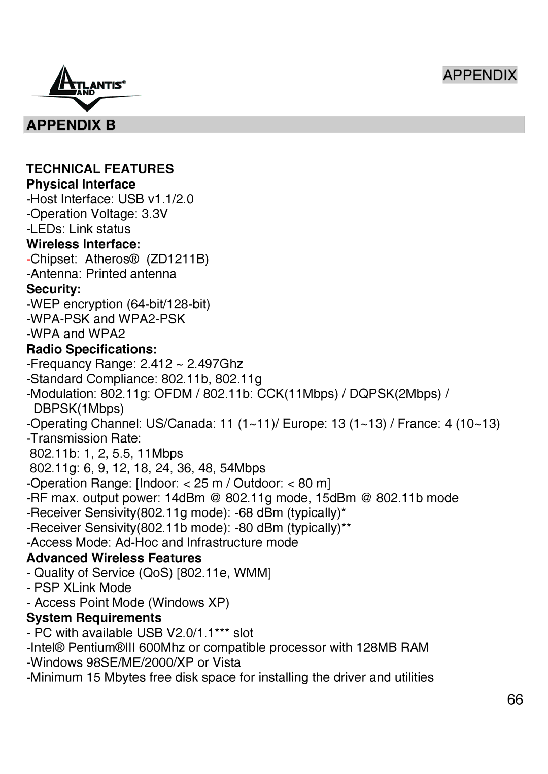 Atlantis Land A02-UP-W54 quick start Physical Interface, Wireless Interface, Security, Radio Specifications 