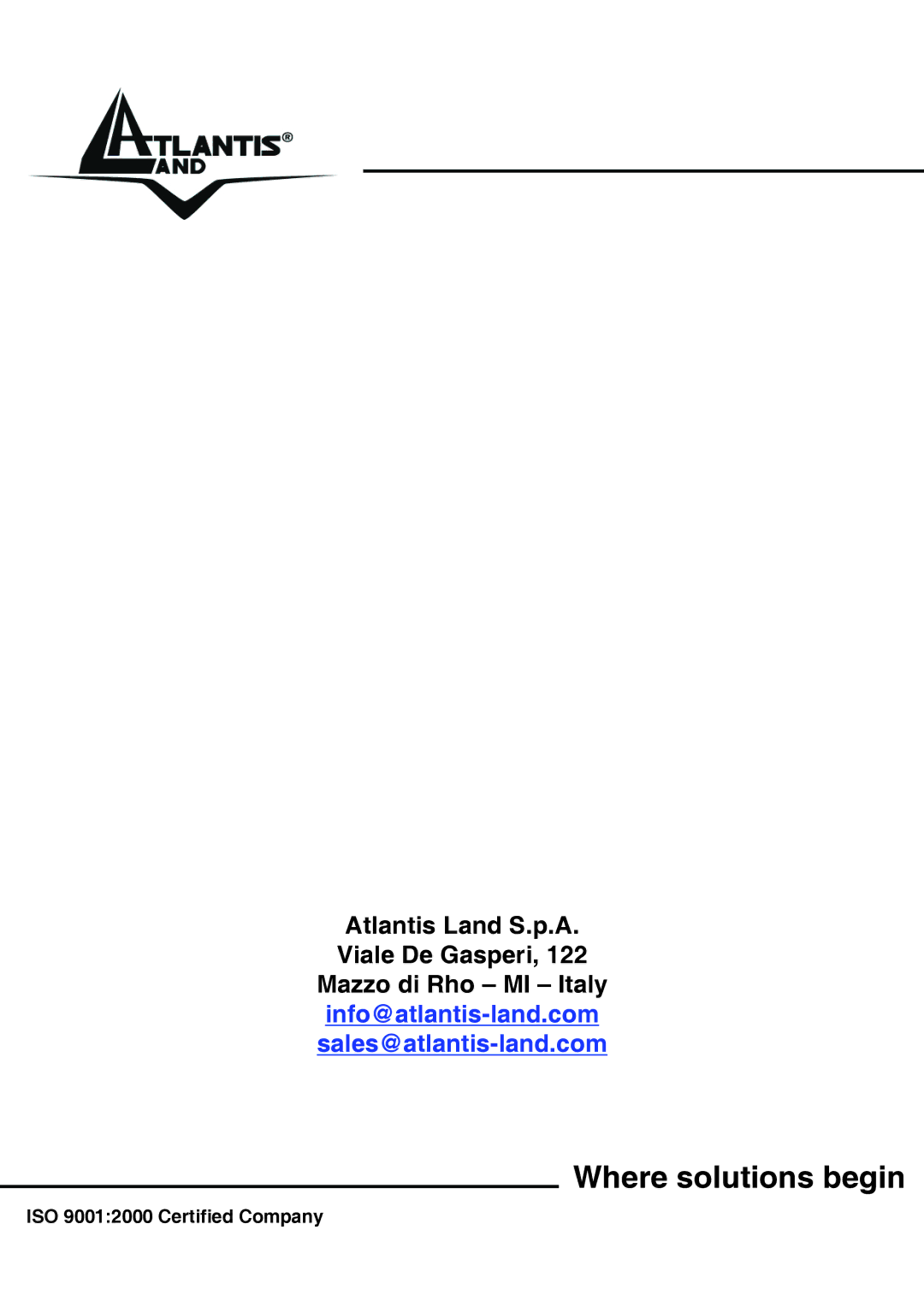 Atlantis Land A02-UP-W54 quick start Where solutions begin 