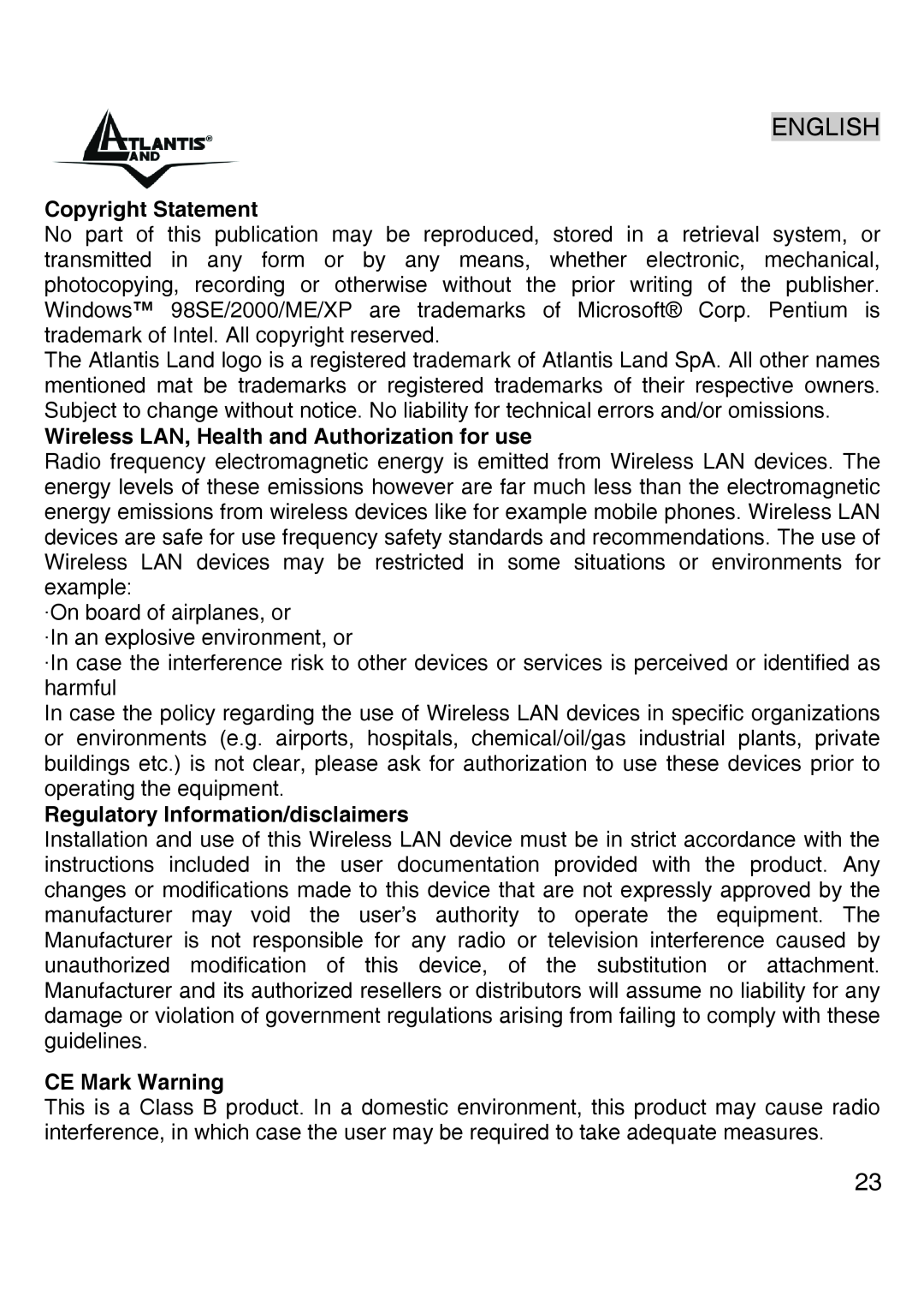 Atlantis Land A02-UP-W54 English, Copyright Statement, Wireless LAN, Health and Authorization for use, CE Mark Warning 