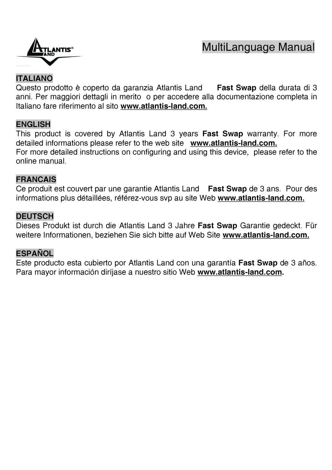 Atlantis Land A02-UP-W54 quick start MultiLanguage Manual Gu, Italiano, English, Francais, Deutsch, Español 