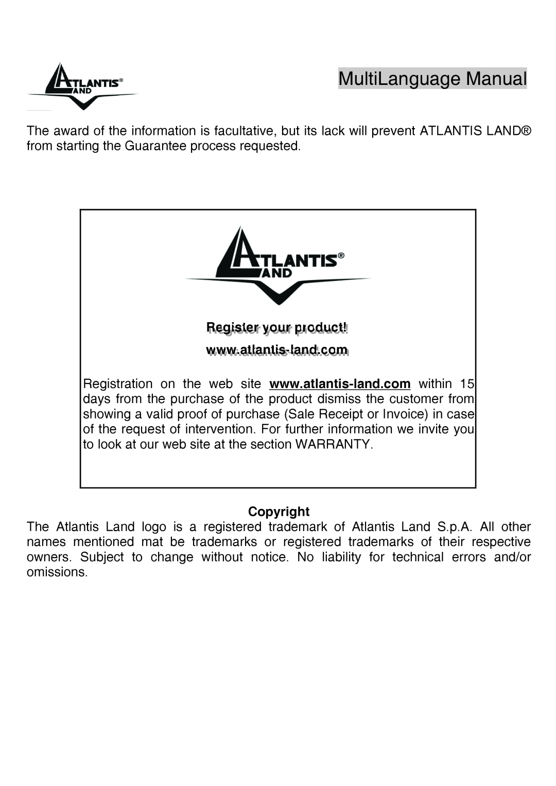 Atlantis Land A02-UP-W54 quick start MultiLanguage Manual Gu, Copyright 