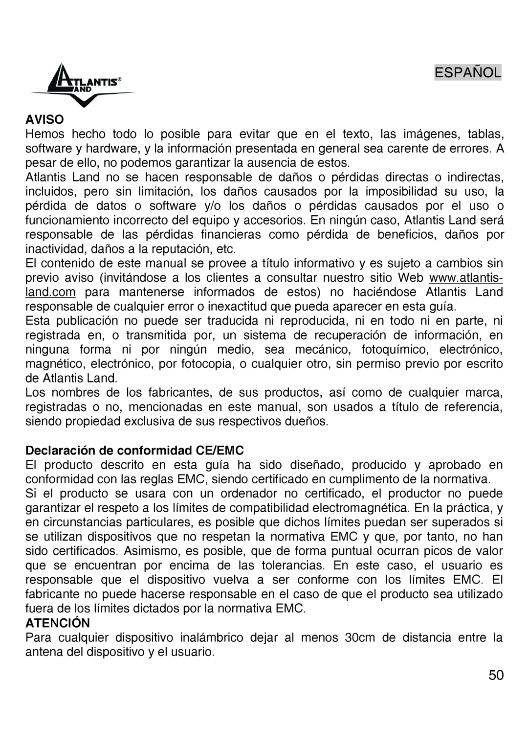 Atlantis Land A02-UP-W54 quick start Español, Aviso, Declaración de conformidad CE/EMC, Atención 