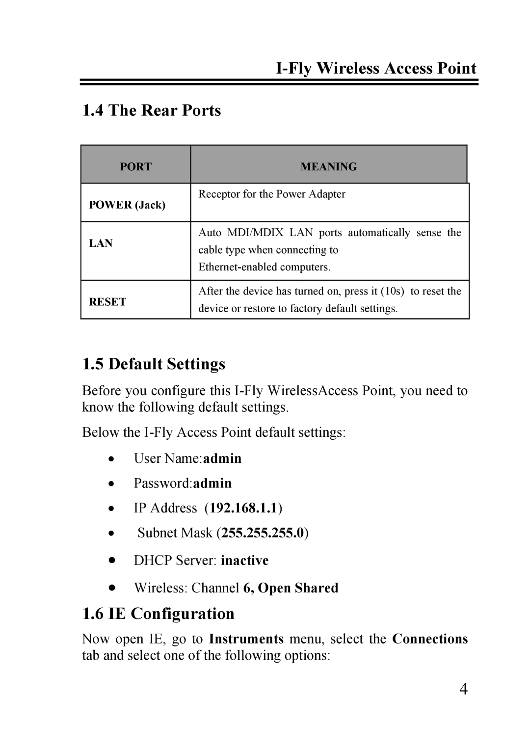 Atlantis Land A02-WAP-54G quick start Fly Wireless Access Point Rear Ports, Default Settings, IE Configuration 