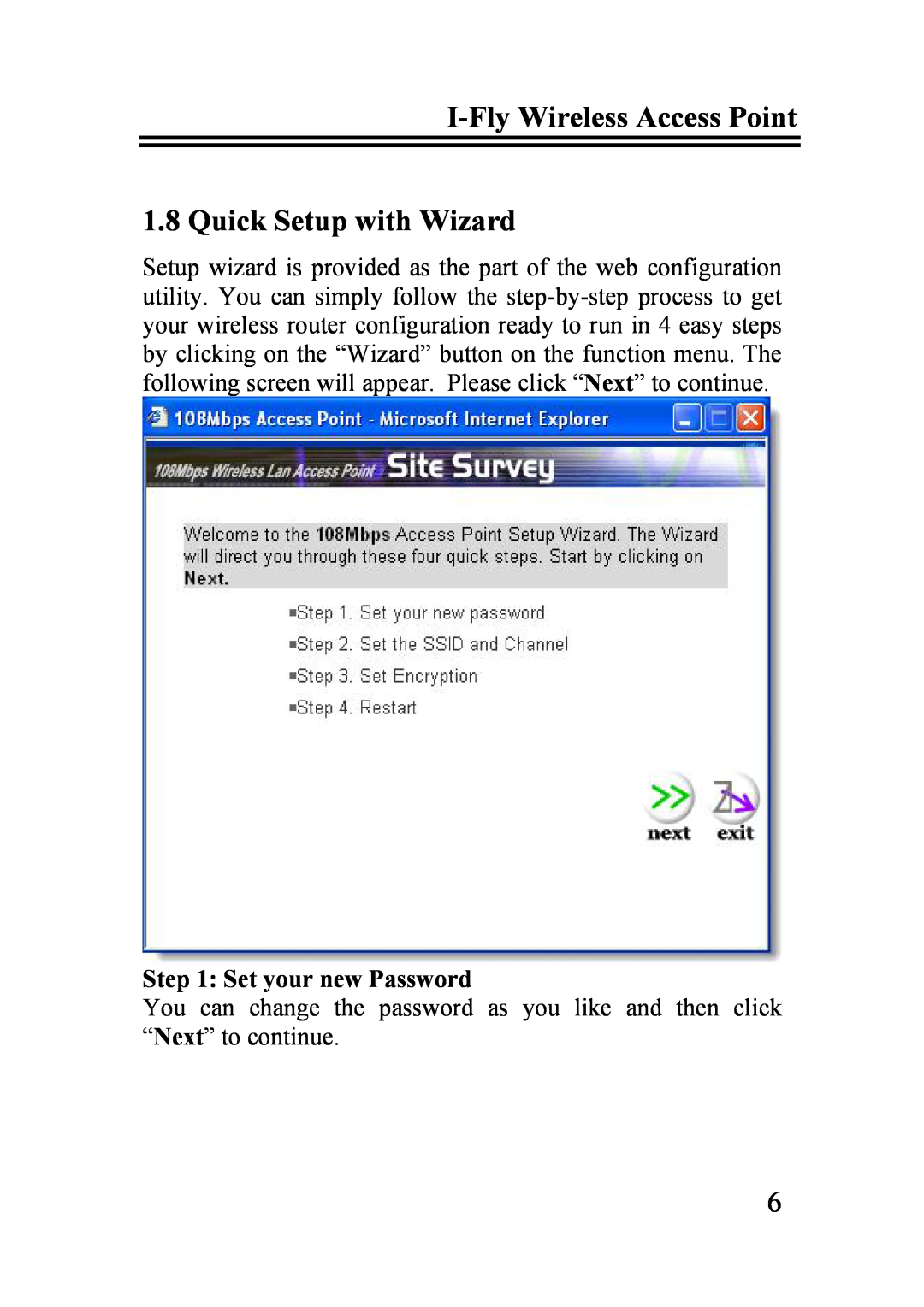 Atlantis Land A02-WAP-54G quick start I-Fly Wireless Access Point 1.8 Quick Setup with Wizard, Set your new Password 