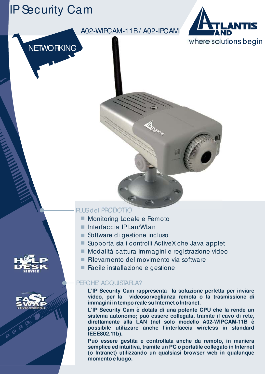 Atlantis Land manual IP Security Cam, Networking, where solutions begin, A02-WIPCAM-11B / A02-IPCAM, PLUS del PRODOTTO 