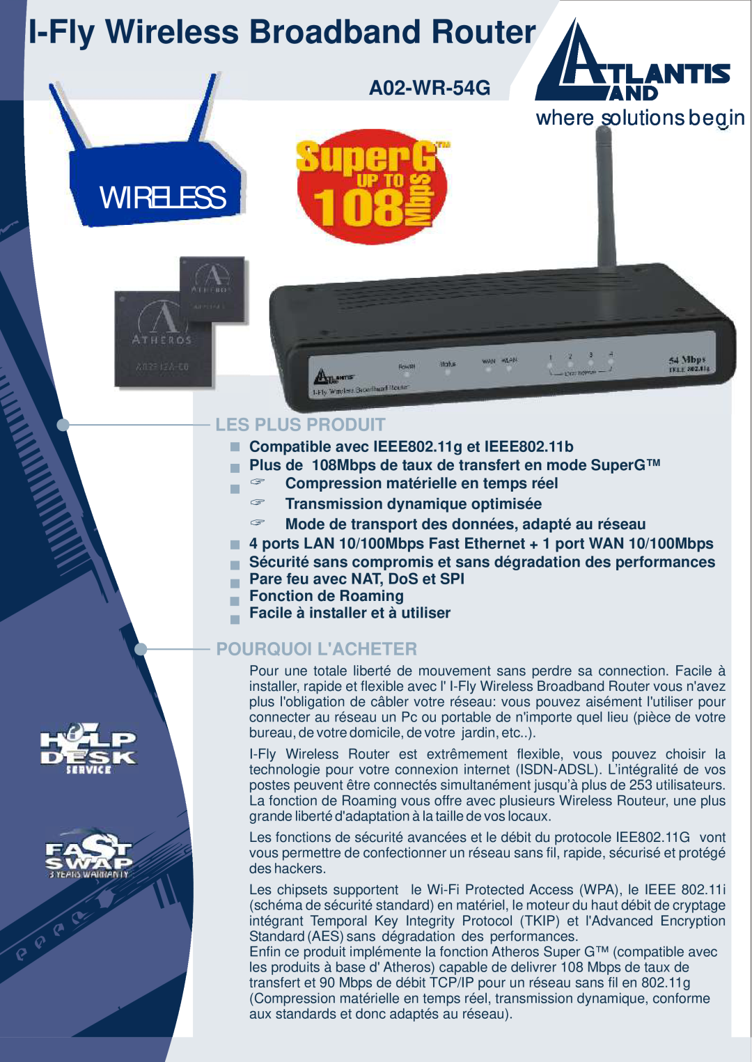 Atlantis Land A02-WR-54G manual I-Fly Wireless Broadband Router, where solutions begin, Les Plus Produit 