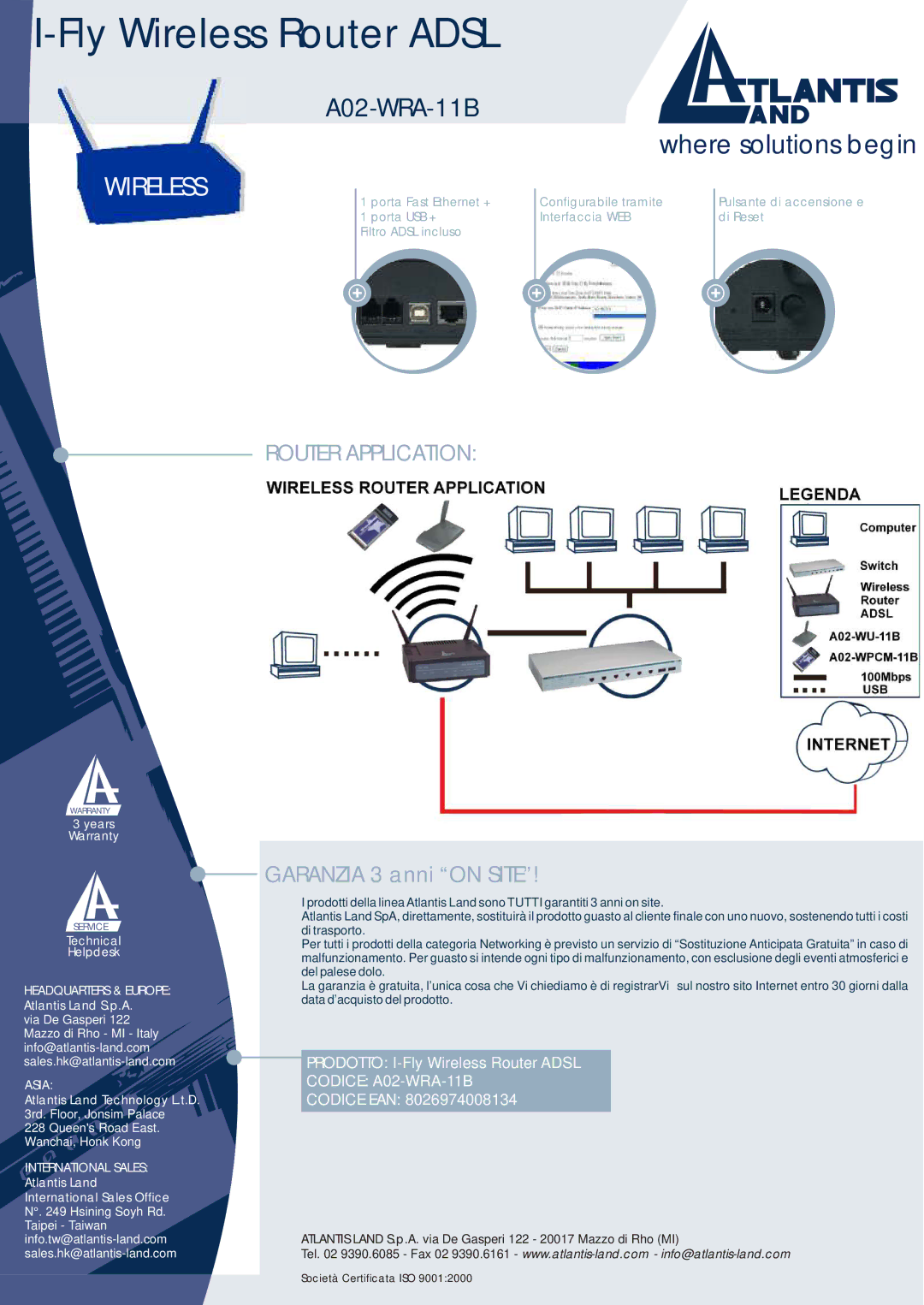 Atlantis Land A02-WRA-11B manual Router Application, Garanzia 3 anni on Site 