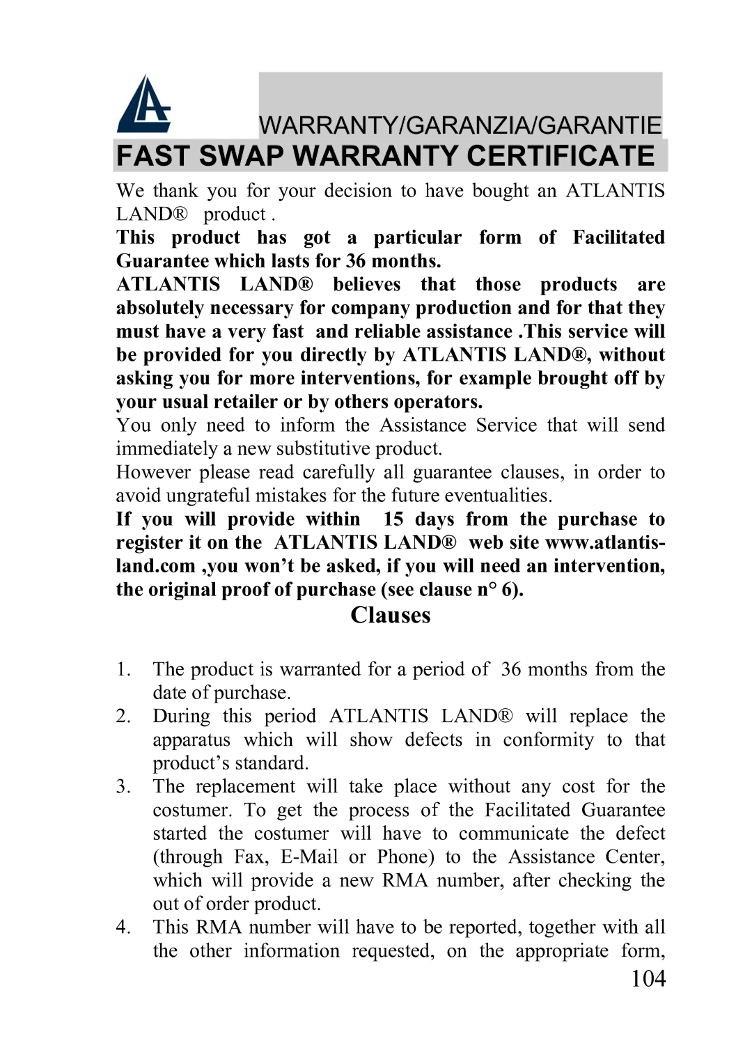 Atlantis Land A02-WRA2-11B manual Fast Swap Warranty Certificate, Clauses 