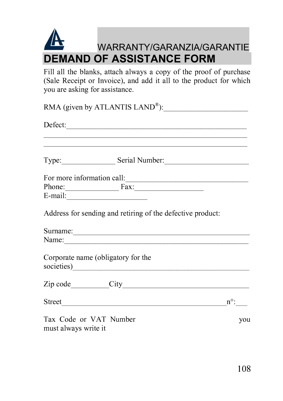 Atlantis Land A02-WRA2-11B manual Demand of Assistance Form 