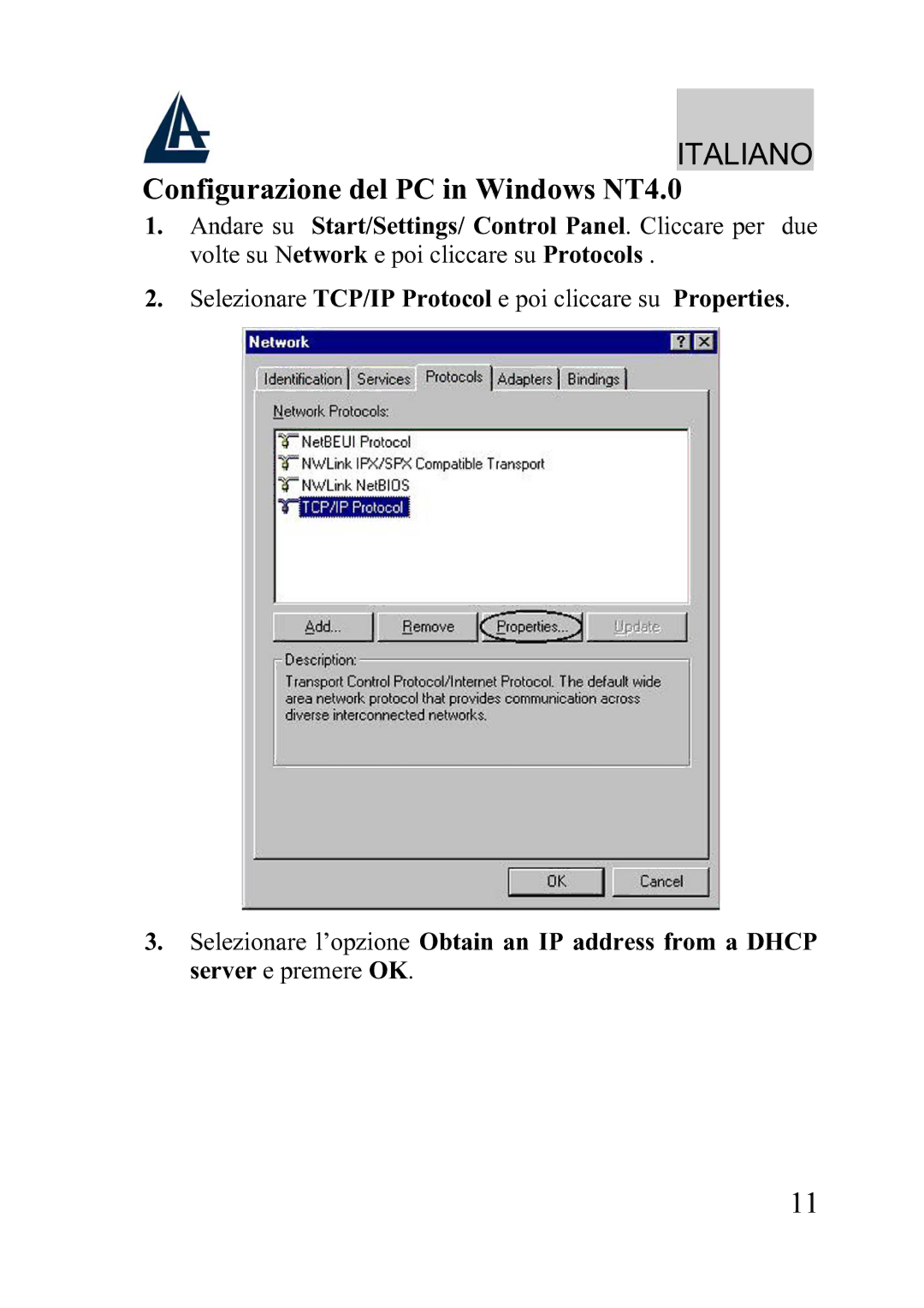 Atlantis Land A02-WRA2-11B manual Configurazione del PC in Windows NT4.0 