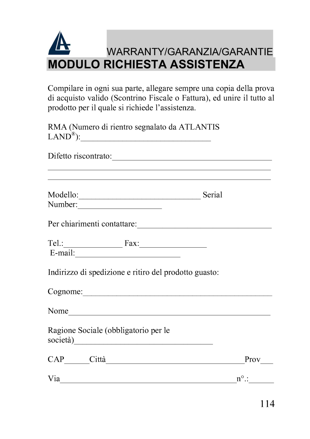 Atlantis Land A02-WRA2-11B manual Modulo Richiesta Assistenza 