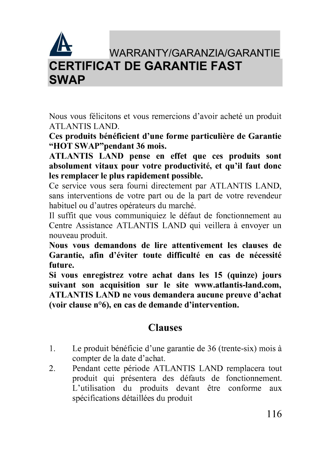 Atlantis Land A02-WRA2-11B manual Certificat DE Garantie Fast Swap 